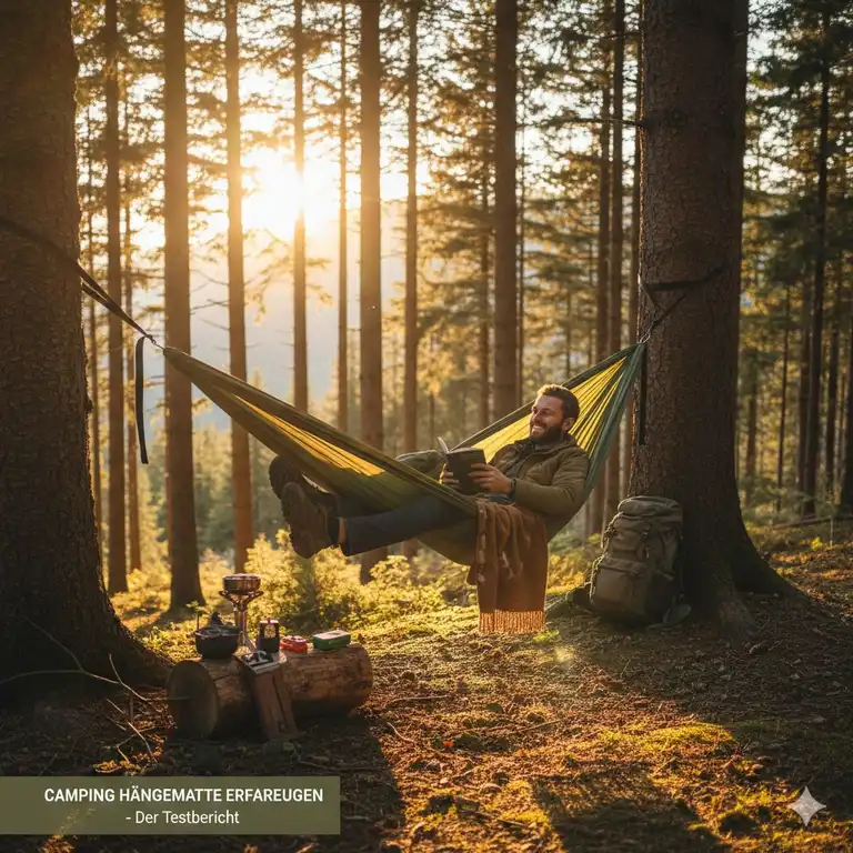 Ein Camper genießt die Natur in einer Hängematte – hilfreiche camping hängematte erfahrungen für Outdoor-Fans.