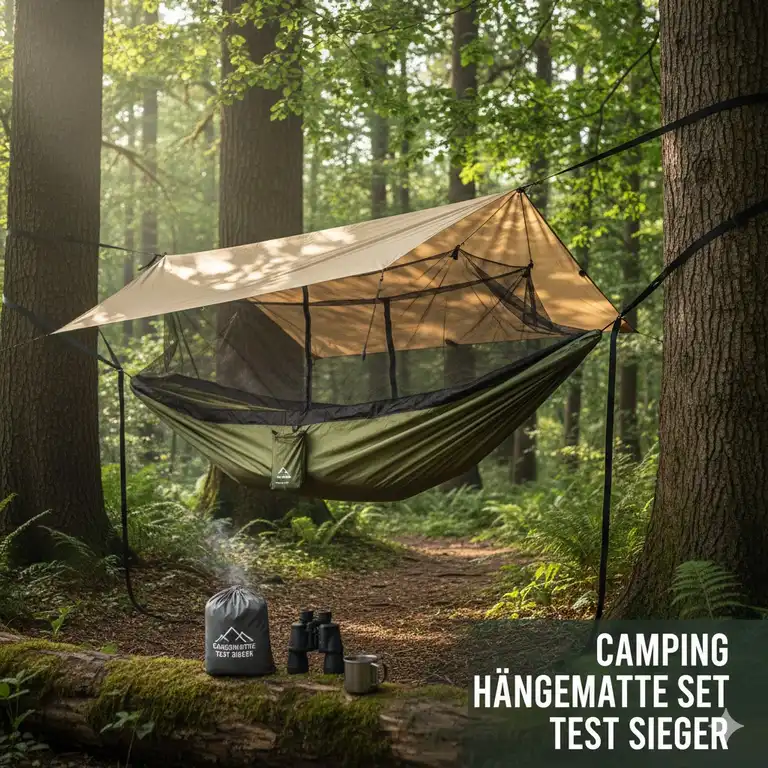 Das beste camping hängematte set test sieger produkt mit tarp und moskitonetz in einem wald