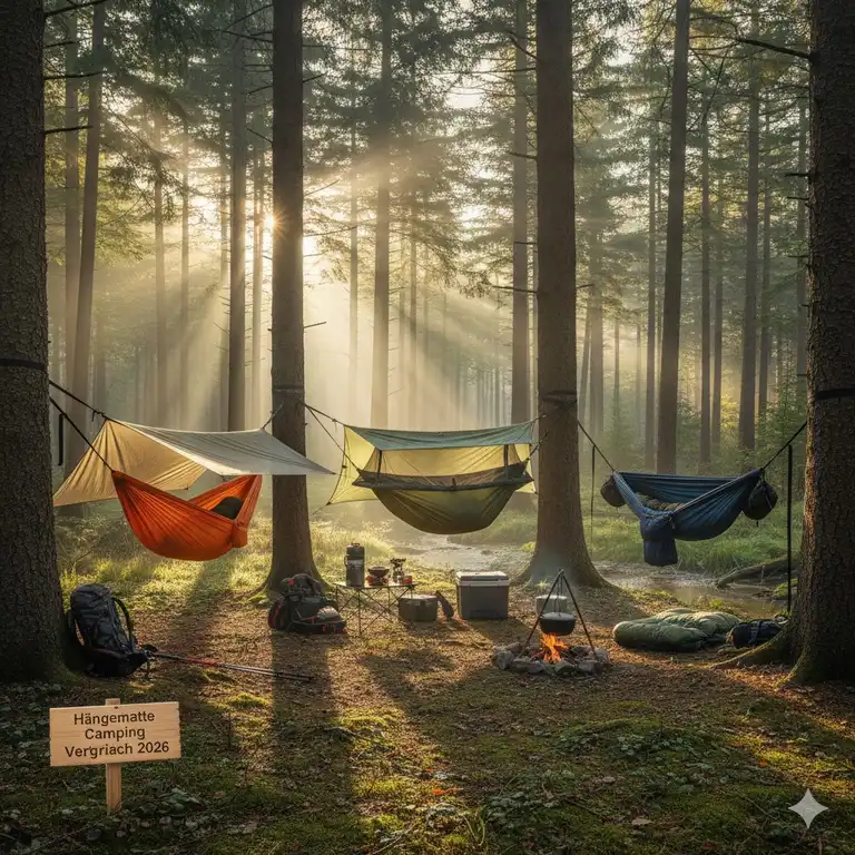 Hängematte Camping Vergleich 2026: Drei Outdoor-Hängematten hängen in einem Wald mit Camping-Ausrüstung darunter.