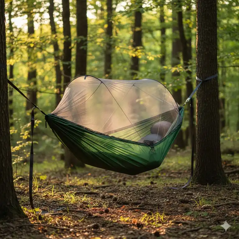 Testsieger-Setup der **hängematte mit netz test 2026**, aufgehängt zwischen zwei Bäumen im Sonnenuntergang.