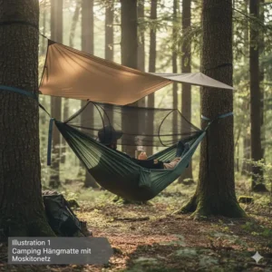 Detailansicht der beste camping hängematte 2026 mit integriertem, feinen Moskitonetz für optimalen Schutz.