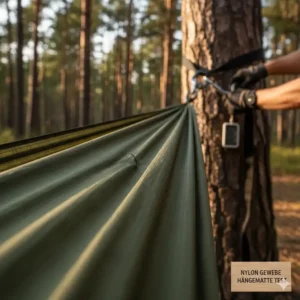 Nahaufnahme der Materialqualität für den camping hängematte nylon test im Freien.