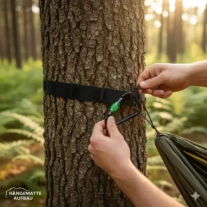 Schritt-für-Schritt-anleitung zum aufbau eines camping hängematte set test. befestigung der baumgurte und karabiner.