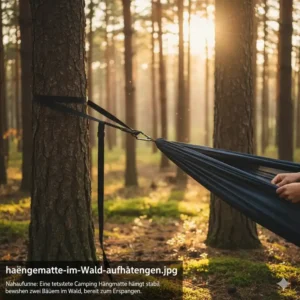 Eine stabile camping hängematte zwischen zwei Bäumen im Wald, Teil des test 2026.