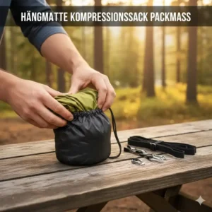 Nahaufnahme: Eine ultralight camping hängematte test wird in ihren winzigen Kompressionssack verpackt, Hervorhebung des Packmaßes.