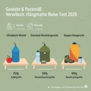 Infografik zum Thema hängematte reise test 2026: Vergleich von Gewicht und Packmaß verschiedener Outdoor-Modelle.