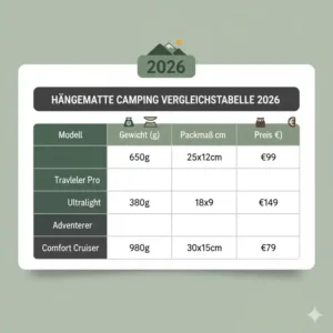 Detaillierte Vergleichstabelle für drei Top-Hängemattenmodelle zum Camping 2026.