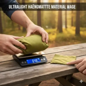 Eine ultralight camping hängematte test wird auf einer Waage gewogen, um ihr geringes Gewicht und das Ripstop-Material zu zeigen.