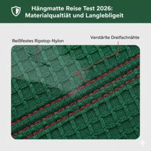 Detailansicht der Materialqualität im hängematte reise test 2026 – reißfestes Ripstop-Nylon und verstärkte Nähte.