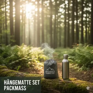 Das kompakte packmaß des camping hängematte set test im vergleich zu einem rucksack.