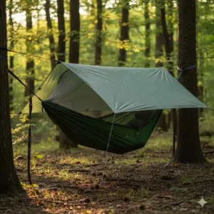 Die vollständige Ausrüstung: **hängematte mit netz test 2026** zusammen mit einem schützenden Tarp gegen Regen.