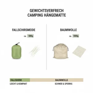 Eine gemütliche camping hängematte fallschirmseide im Wald bei Sonnenuntergang.