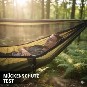 Nahaufnahme des integrierten moskitonetzes eines camping hängematte set test zur insektenabwehr.