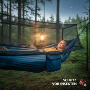 Person liegt geschützt in einer Outdoor-Hängematte mit integriertem Moskitonetz beim Camping.
