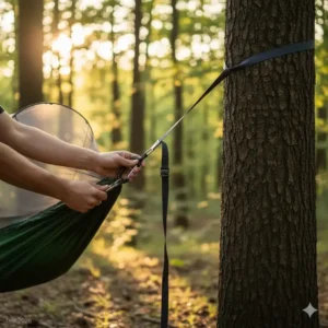 Befestigung der **hängematte mit netz test 2026** mit baumschonenden Gurten und Karabinern für den schnellen Aufbau.