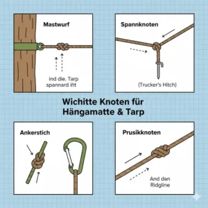 Darstellung der wichtigsten Knoten für die Befestigung im hängematte test mit tarp.
