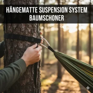 Detailaufnahme des baumfreundlichen Aufhängesystems einer ultralight camping hängematte test mit Riemen und Karabinern.