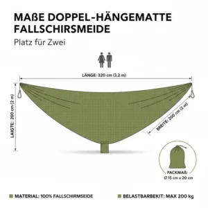 Abmessungen einer großen camping hängematte fallschirmseide für zwei Personen.