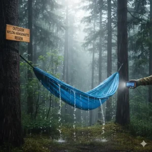 Prüfung der Wetterbeständigkeit während eines camping hängematte nylon test bei Regen.