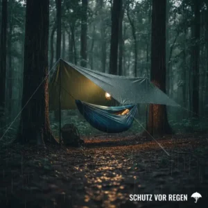 Vollständiges Hängematten-Setup mit einem gespannten Tarp als Regenschutz für Camping-Abenteuer.
