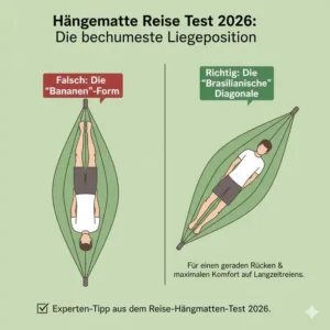 Illustration der richtigen Liegeposition in der Reisehängematte laut hängematte reise test 2026 für maximalen Schlafkomfort.