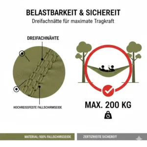 Illustration zur hohen Belastbarkeit und Stabilität der camping hängematte fallschirmseide.
