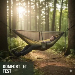 Eine person liegt entspannt in der camping hängematte set test und genießt den liegekomfort.