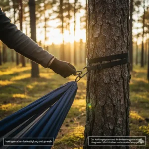 Das einfache Befestigungs-Setup der camping hängematte test 2026 mit Baumgurten.