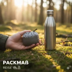 Extrem kleines Packmaß einer leichten Hängematte im Vergleich zu einer Trinkflasche.