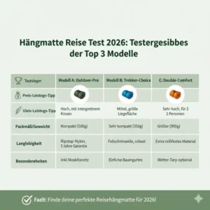 Die wichtigsten Ergebnisse der Kategorie Komfort und Preis aus dem hängematte reise test 2026 übersichtlich in einer Tabelle.