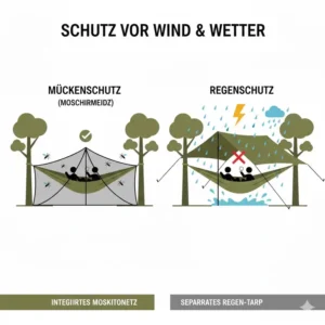Darstellung einer camping hängematte fallschirmseide mit Regenschutz und Tarp.