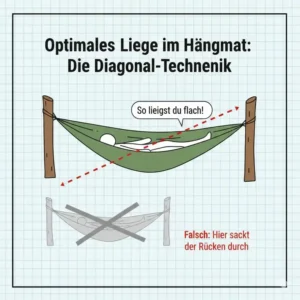Illustration der richtigen diagonalen Liegetechnik im hängematte test mit tarp.