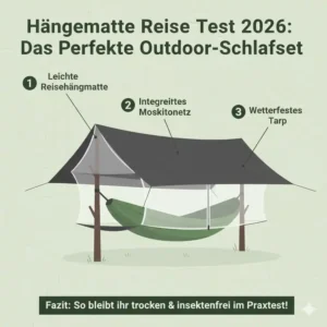 Darstellung eines wetterfesten Setups inklusive Tarp und Moskitonetz im Rahmen vom hängematte reise test 2026.