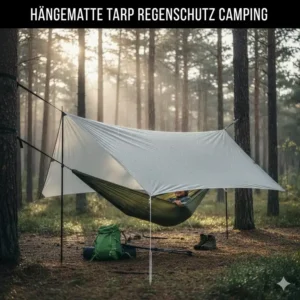 Ein vollständiges ultralight camping hängematte test Setup mit einem Tarp als Regenschutz über der Hängematte.