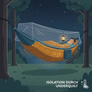 Querschnitt-Illustration zeigt die Isolierung durch einen Underquilt für warme Nächte beim Camping.