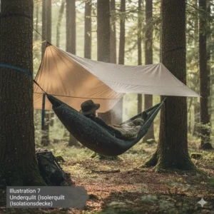 Nahaufnahme eines Underquilts unter der beste camping hängematte 2026 zur Isolierung gegen Kälte.