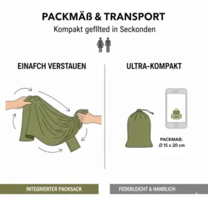 Illustration einer kompakt im Beutel verstauten camping hängematte fallschirmseide.
