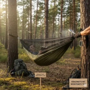 Schutz vor Insekten: Eine Hängematte mit Netz im camping hängematte nylon test.