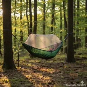 Gesamtansicht einer entspannten Person in der **hängematte mit netz test 2026** in einer natürlichen Waldumgebung.