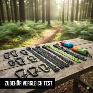 Detailansicht und vergleich von karabinern und befestigungsgurten aus dem camping hängematte set test zubehör.