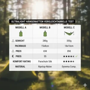 Eine visuelle Vergleichstabelle, die verschiedene Modelle der ultralight camping hängematte test in Bezug auf Gewicht und Preis vergleicht