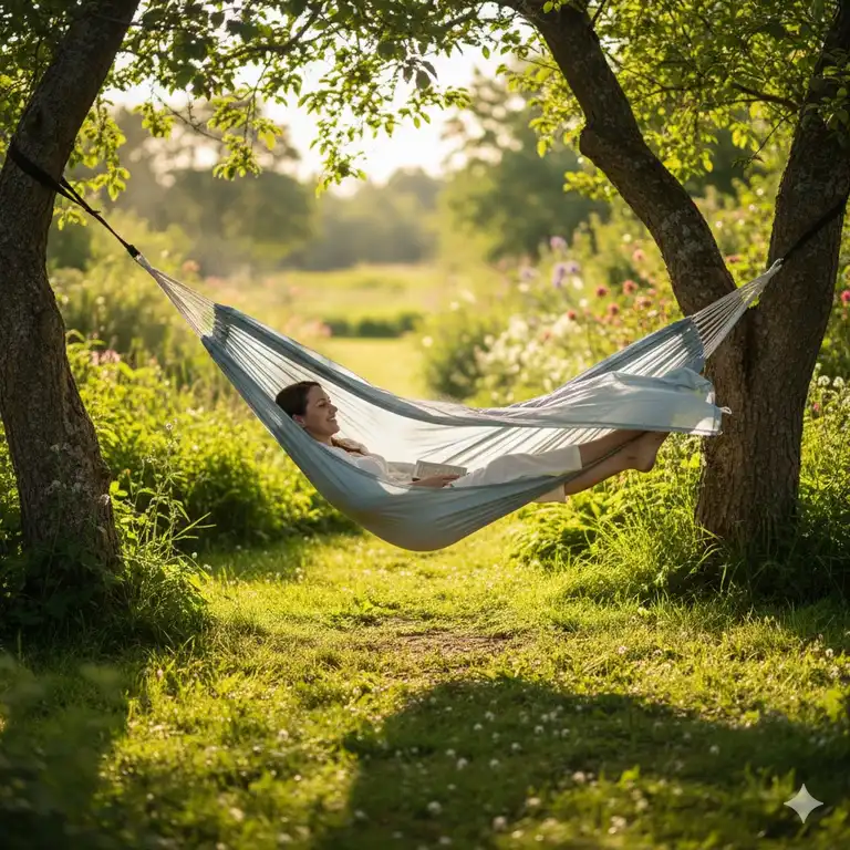 Atmungsaktive Hängematte Material in einem sonnigen Garten für optimale Entspannung.