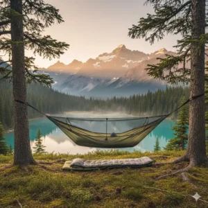 Eine ergonomische camping hängematte aufgespannt in der Natur für maximalen Schlafkomfort.