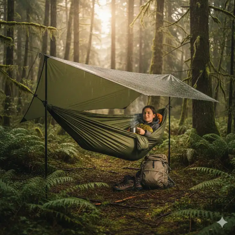 Eine hochwertige wasserdichte hängematte camping im Einsatz bei Regen im Wald.