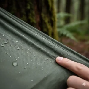 Detailaufnahme der Stoffstruktur einer wasserdichte hängematte camping mit Abperleffekt.