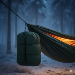 Close-up of an underquilt system during a hängematte mit isolierung test.