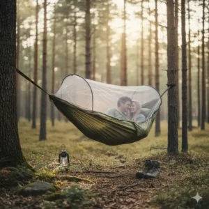 Eine große 2-Personen camping hängematte mit moskitonetz 2026 beim Camping.