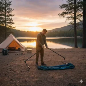 Schritt-für-Schritt Aufbau einer Hängematte mit Gestell Camping auf der Wiese.