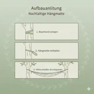 Schritt-für-Schritt Illustration zum baumschonenden Aufbau einer nachhaltige camping hängematte.