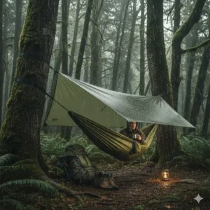 Korrekte Aufhängung einer wasserdichte hängematte camping unter einem schützenden Tarp.